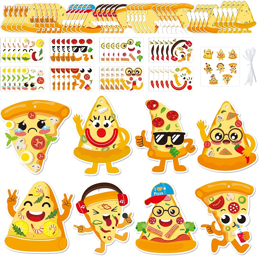 3sscha 40 Packs Pizza Craft Kit for Kids - Make Your Own Pizza Card Bulk Set DIY Self-Adhesive Sticker Cute Expression Handmade Art Project Hanging Decor Classroom Home Activity Gift Party Favor