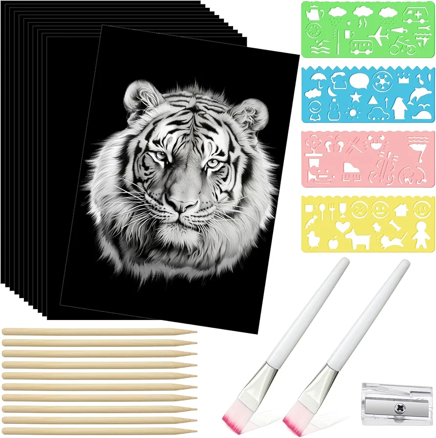 Noveread 50 Sheet Scratch Paper Art Set 8.5 x 11 Inch Black Coated Scratchboard Black Scratch Paper with Wooden Stylus and Stencils DIY Scratch Painting Art Paper for Kids Adults