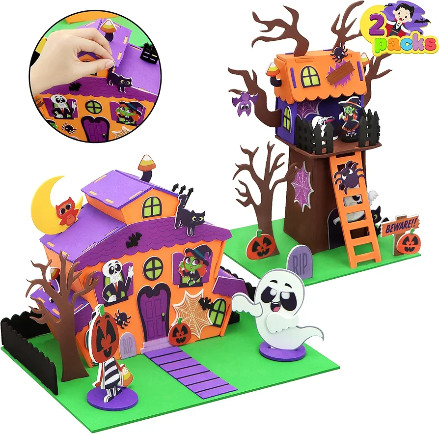 JOYIN 2 Pack Halloween Foam Haunted House Craft Kit, Party Favors for Kids, Halloween Art and Craft DIY Kits, 3D Halloween Tree House and Pumpkin Haunted House, School Activities Game Party Decoration