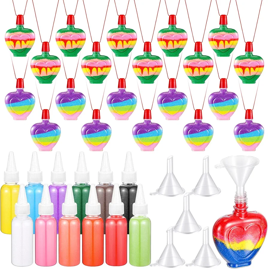 Bokon 37 Pcs Sand Art Bottle Necklace Kits Include 20 Pcs Plastic Sand Art Bottle Necklaces, 12 Pcs 12 Colored Art Sand, 5 Mini Plastic Funnels for Class Sand Art Containers Art Crafts Party Supplies