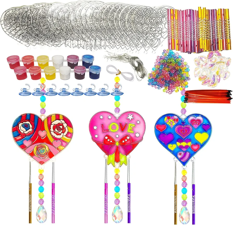 Ayhuhra 24 Sets Valentine's Day Heart Suncatcher Wind Chimes DIY Window Paint Art Craft Kits Crystal Pendant Heart Sun Catchers for Valentines Day Mother's Day Gifts Art Project