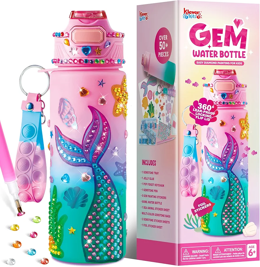 Klever Kits Decorate Your Own Water Bottle Kits for Girls Age 6+, Mermaid DIY Gem Diamond Painting Crafts, Girl Birthday Gift Arts and Crafts Fun Arts for Girls Birthday Christmas