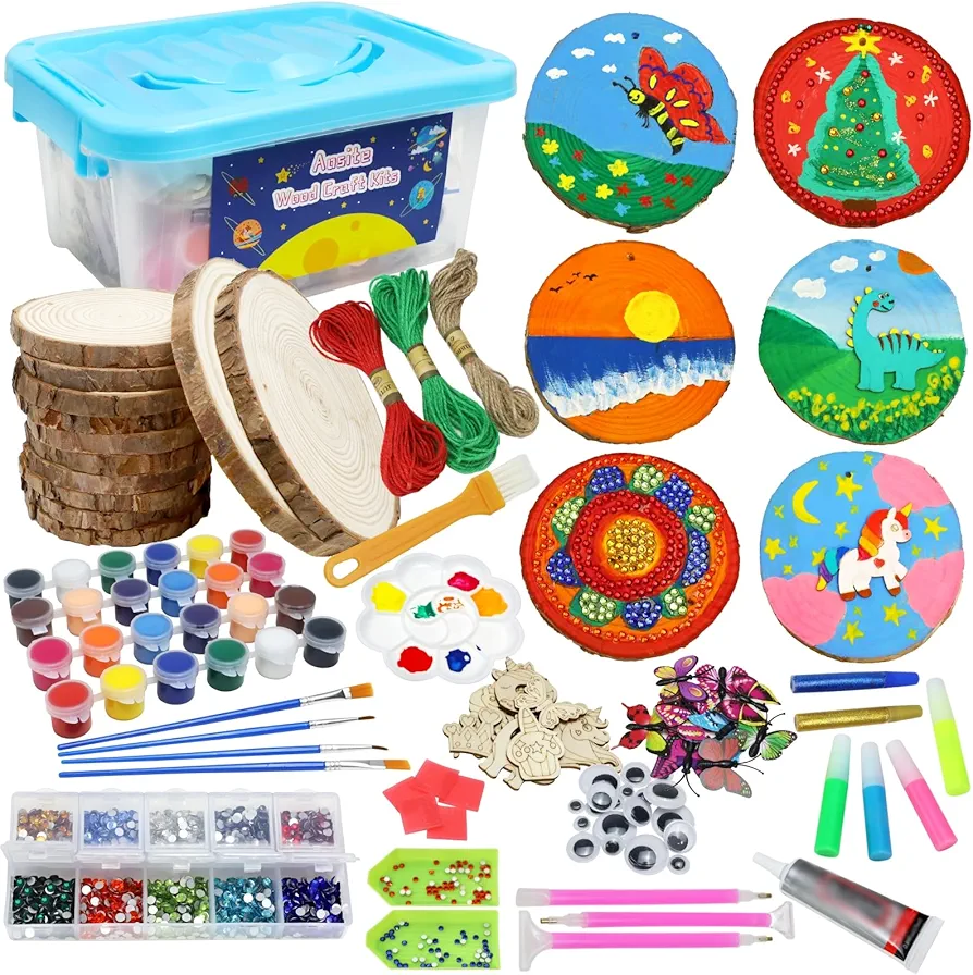 AOSITE Wooden Painting Kit for Kids - Glow in The Dark - Arts and Crafts Gifts for Boys Girls Ages 6-12,Wood Slices Craft Activities Kits, Creative Art Supplies for 6 7 8 9 10 11 12 Year Old