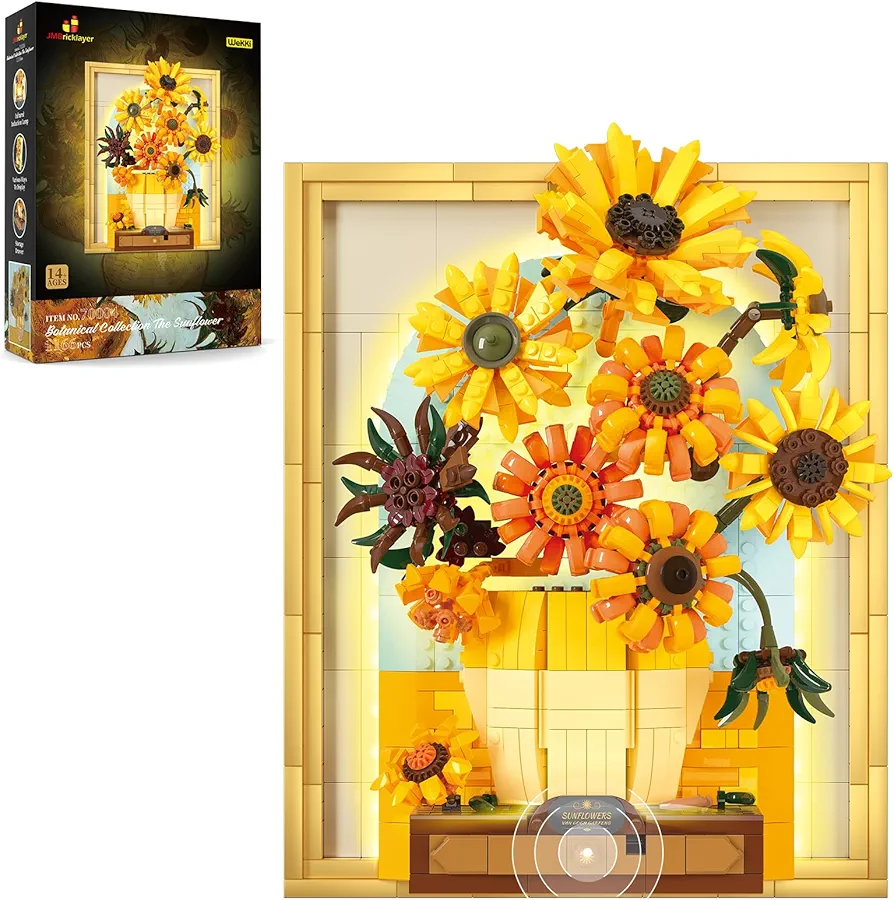 JMBricklayer Flowers Sunflower Building Sets for Adult with Lights 70004, Van Gogh Wall Art Crafts Ideas Flower Bouquet, Painting Frame for Room Decor, Birthday Gifts Ideas for Women Girls Teens 14+