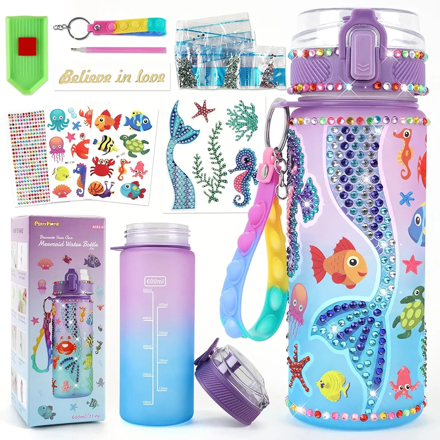 PERRYHOME Decorate Your Own Mermaid Water Bottle Kits for Girls, Mermaid Toys for Girls Age 4-10 Painting Crafts Kit, Fun Arts Kits 6-12 Year Old Toddler Girls Birthday Christmas Gifts Toys