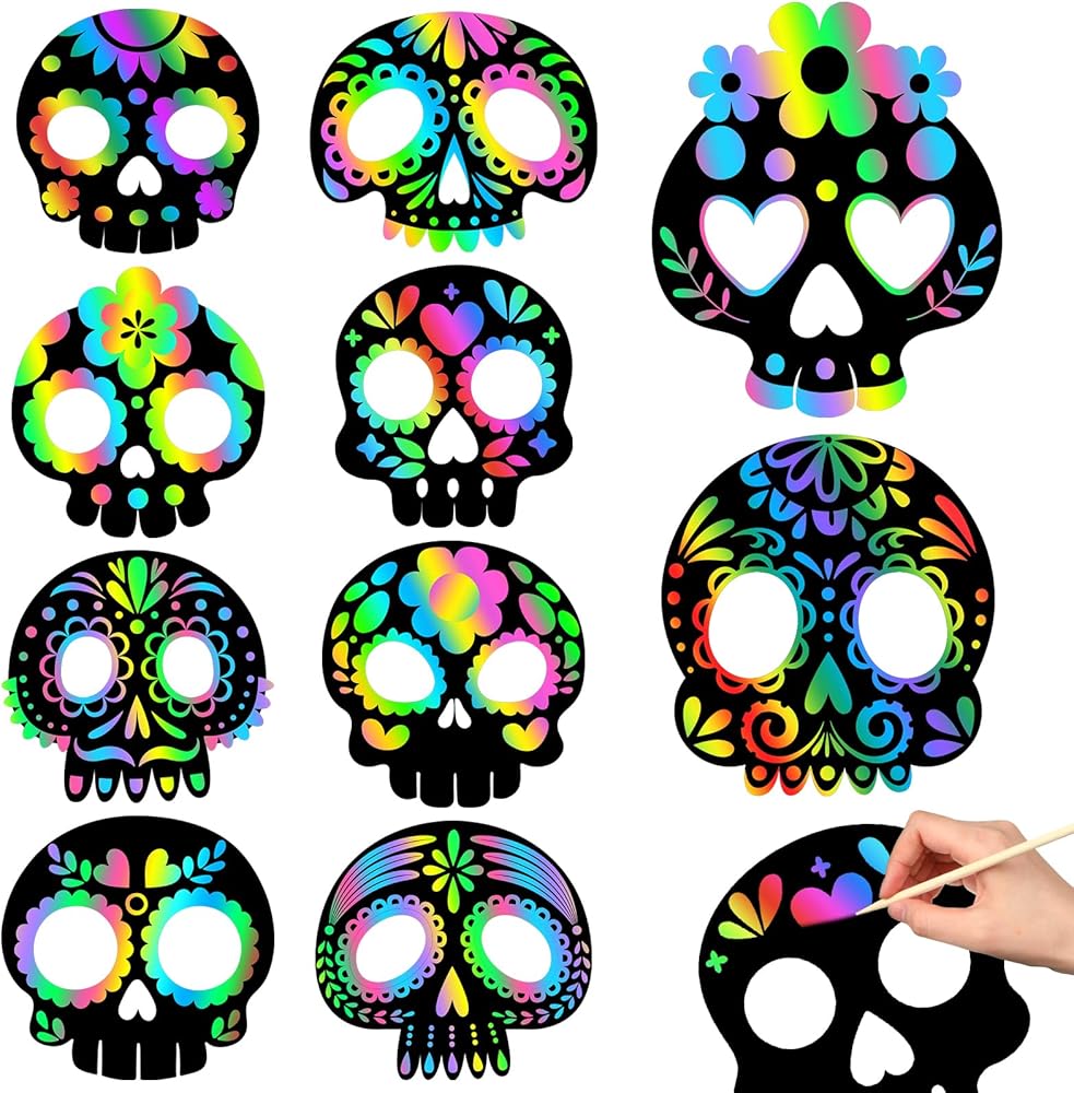 Deekin 60 Pcs Day of the Dead Scratch Masks Gift Set for Kids Halloween Skull Scratch Party Favors DIY Art Mask Craft Kit for Mexican Dia De Los Muertos School Classroom Activity Party Decoration