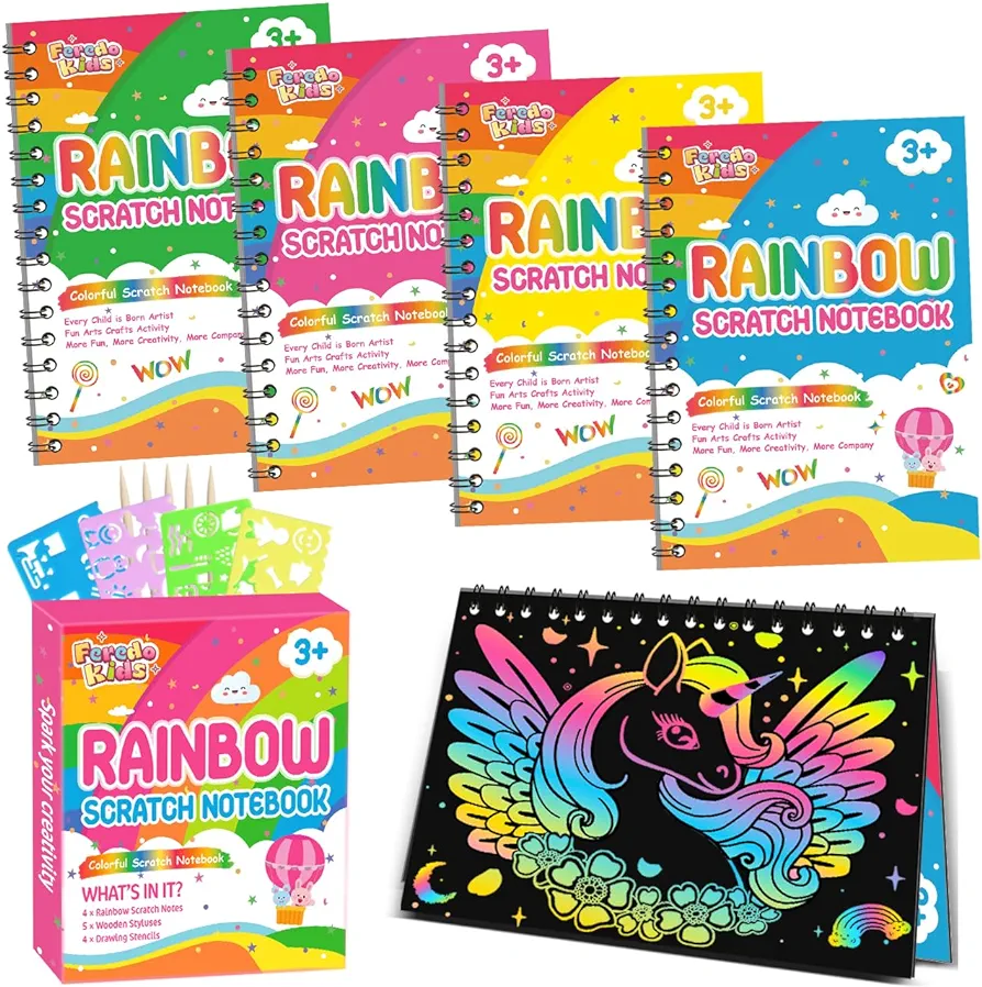 Birthday Party Favors: 4 Pack Rainbow Scratch Notebook Bulk Party Favors for Kids Goodie Bags Prize Box Toys for Kids Classroom School Supplies Christmas Gifts Kids Crafts