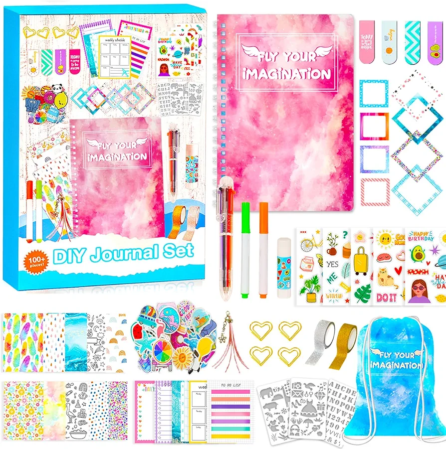 DIY Journal Set for Girls Ages 8 9 10 11 12 13 14 Year Old, Cool Birthday Gifts for Teen Girls, Cute Journaling Art Crafts for Kids, Personalized Diary Scrapbook Supplies Kit, Ideal Girls Toys Pink