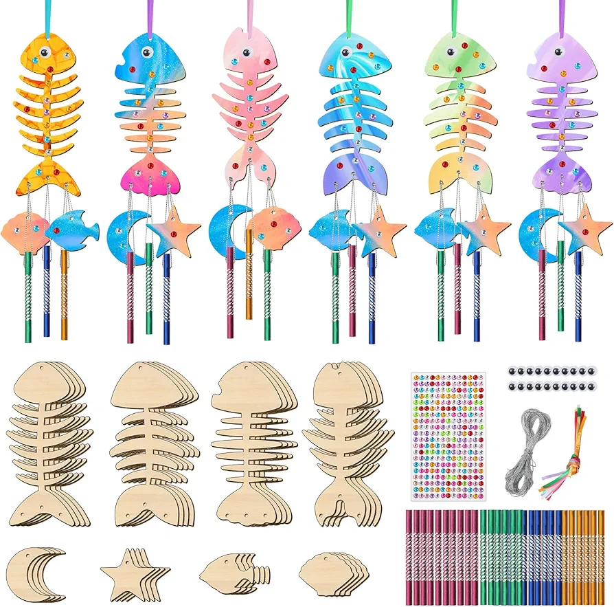 TREACLUB 16 Pack Wind Chime Kits for Kids, DIY Wood Summer Wind Chime Make Your Own Fish Bone Wind Chime DIY Coloring Wooden Arts and Crafts Birthday Gifts for Girls Boys