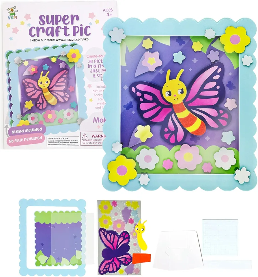 VKPI Butterfly Paper Craft Pic, Make Your Own 3D Butterfly Picture, Art and Craft Game for Kids Ages 4+, Toddler, Preschool Learning Toy for Birthday Party Favor Supplies