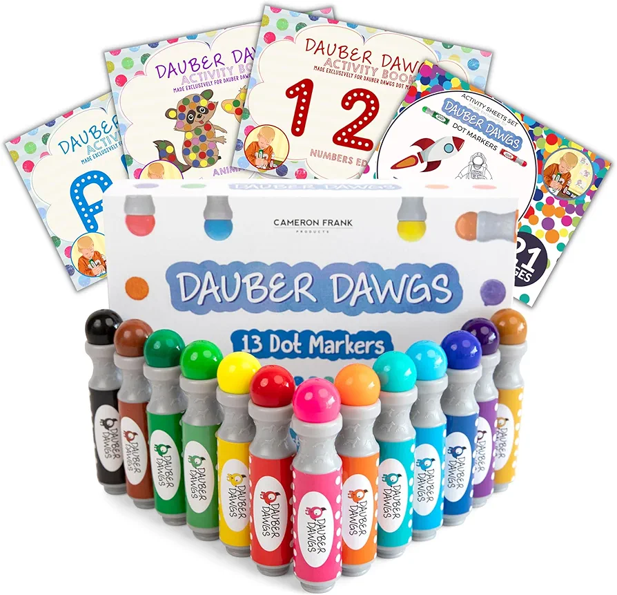Washable Dot Markers 13 Pack With 121 Activity Sheets For Kids, Gift Set With Toddler Art Activities, Preschool Children Arts Crafts Supplies Kit, Special Holiday Bingo Dabbers Dobbers, Dauber Dawgs