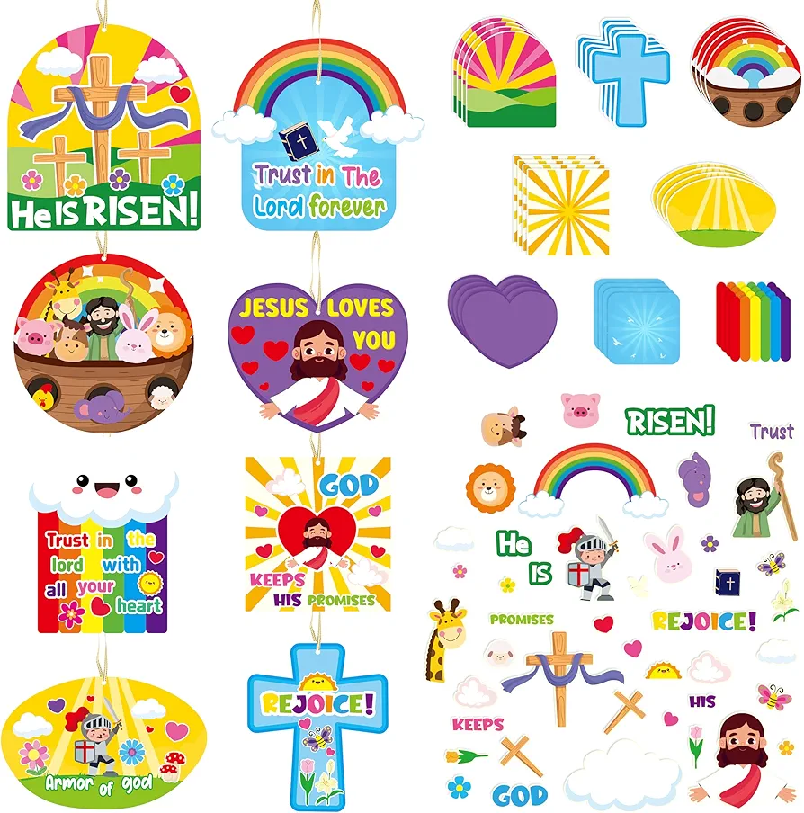 EYxsaxenk Christian DIY Paper Craft Kit 66Pcs Religious He is Risen Art Craft Stickers for Kids Armor of God Crosses Rainbow Hanging Ornaments Christian VBS Sunday School Activity Decoration Supplies