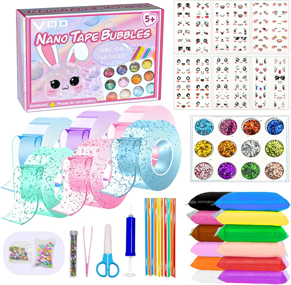 Nano Tape Bubble Set,Nano Tape for Kids,40+Pcs Nano Tape Craft Kit w/Slime, Clay, 300+ Fillings, DIY Plastic Bubbles Balloon, 20+ Projects, Elastic Party Favors Gifts, Novelty Toy for Girls