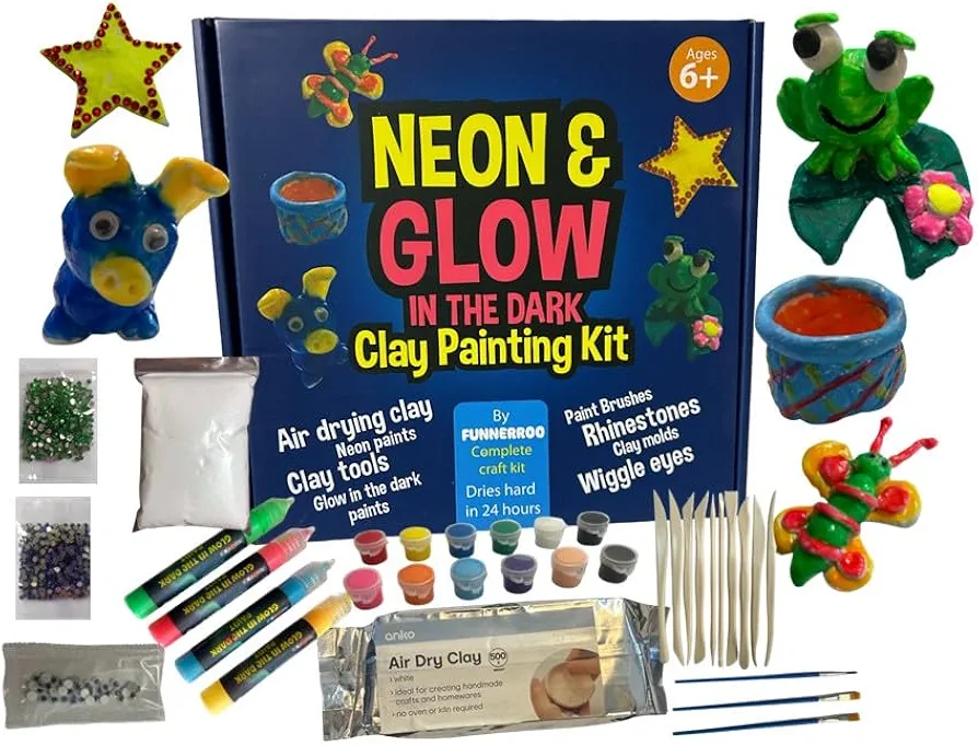 Kids Arts and Crafts - Air Dry Clay Painting Kit - Glow in The Dark and Neon Paint - Gifts for Boys and Girls Ages 6-12 - Craft Activities Kits - Art Toys for 6, 7, 8, 9, 10, 11 & 12 Year Olds