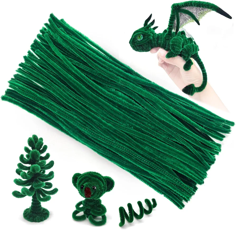 BlingKingdom 100pcs Fluffy Pipe Cleaners Chenille Stems Pipe Cleaners Craft Supplies for Making Wreaths, Christmas Decorations, Animals, Flowers, Creative Handmade DIY Art Craft Project - Green
