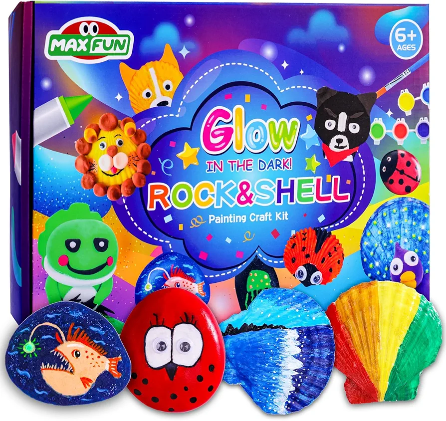 Max Fun Sea Shell & Rock Painting Kit, 2 ON 1 Glow in The Dark DIY Arts & Crafts Gifts for Kids Ages 4-12, Paint Craft Activities Kits Creative Art Paint Kit Toys for Boys Girls Birthday Party Gifts