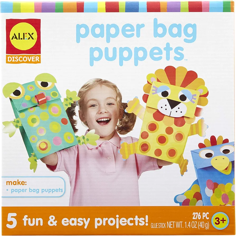 ALEX Toys Paper Bag Puppets Kids Art and Craft Activity Multicolor, includes 5 colored bags, 270 stickers and paper shapes, glue stick and easy picture instructions