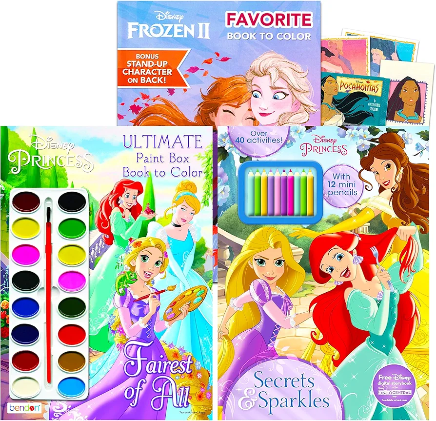 Disney Princess Coloring and Activity Book Ultimate Bundle - 3 Pack Disney Princess Arts and Crafts Set with Stickers, Painting Supplies, and More