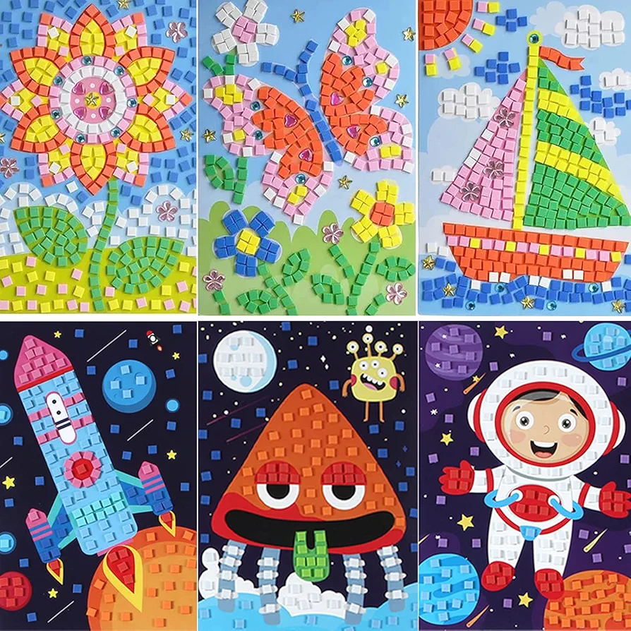 Mosaic Sticker Art Sticky DIY Handmade Art Kits for Kids-Sunflower, Butterfly, Sailboat, Woodpecker, Hot air Balloon, Airplane Astronaut, Rocket, Spaceship, Alien, Space Station, Robot (12PCS)