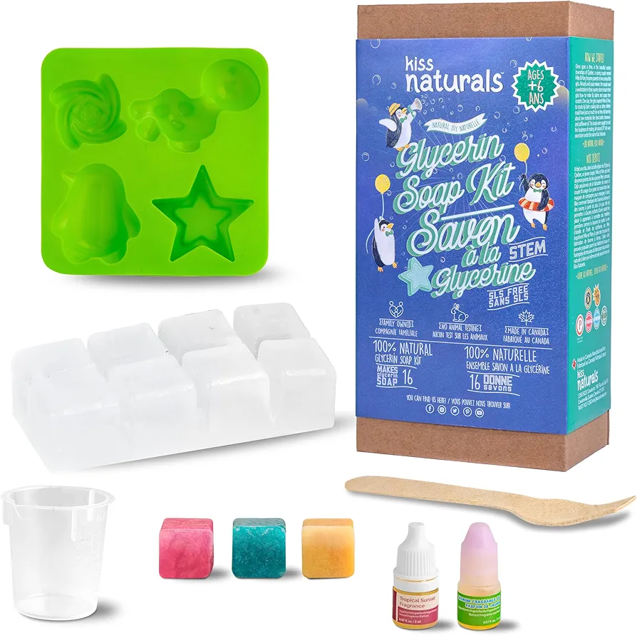 Kiss Naturals - Soap Making Arts & Crafts Kit for Kids with Organic Ingredients - Glycerin Soap DIY STEM Activity - Make 16 Soaps - with Reusable Silicone Molds, Natural Fragrances, Mica-based Colors