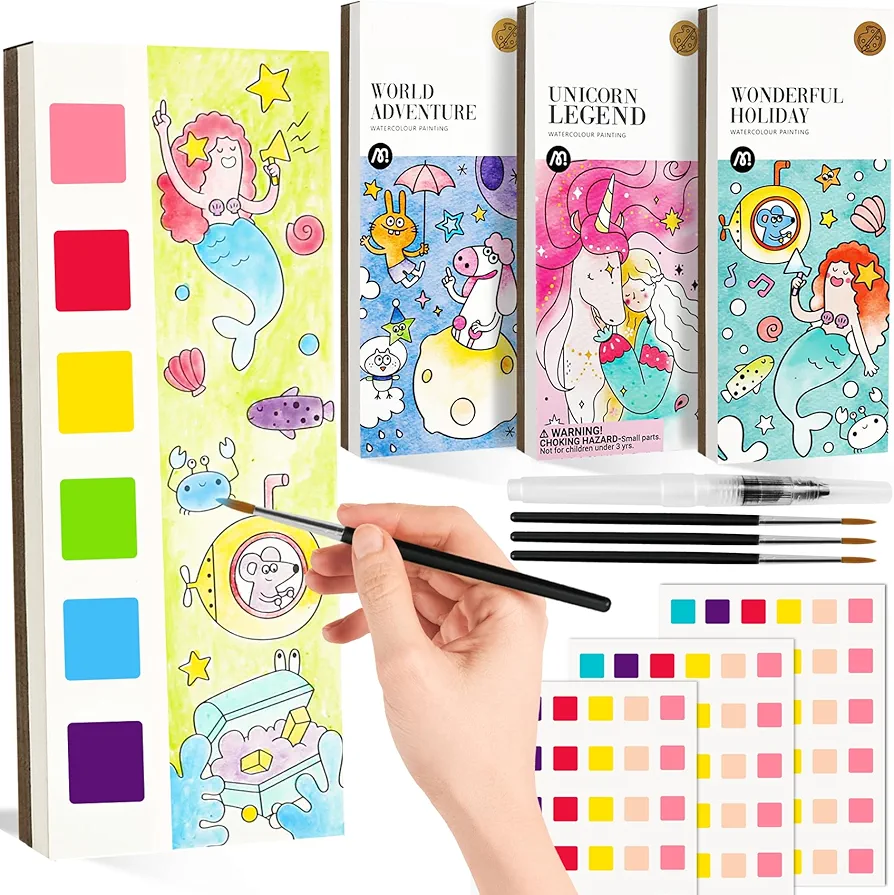 Watercolor Painting Coloring Books Arts & Crafts Kit, Pocket Watercolor Paint Bookmarks Mess Free Paint with Water Set, Travel Activities Art Supplies Party Favors Exchange Birthday Gifts for Kids