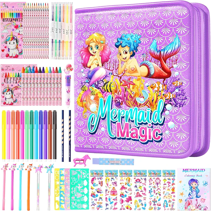 LEONAL Kids Coloring Pens Markers Set 65 PCS,Art Craft Drawing Kits for Girls with Unicorn Pencil Case,Crayon&Markers Stuff, Birthday Gifts Toys for Age 4-12 Year Old Mermaid