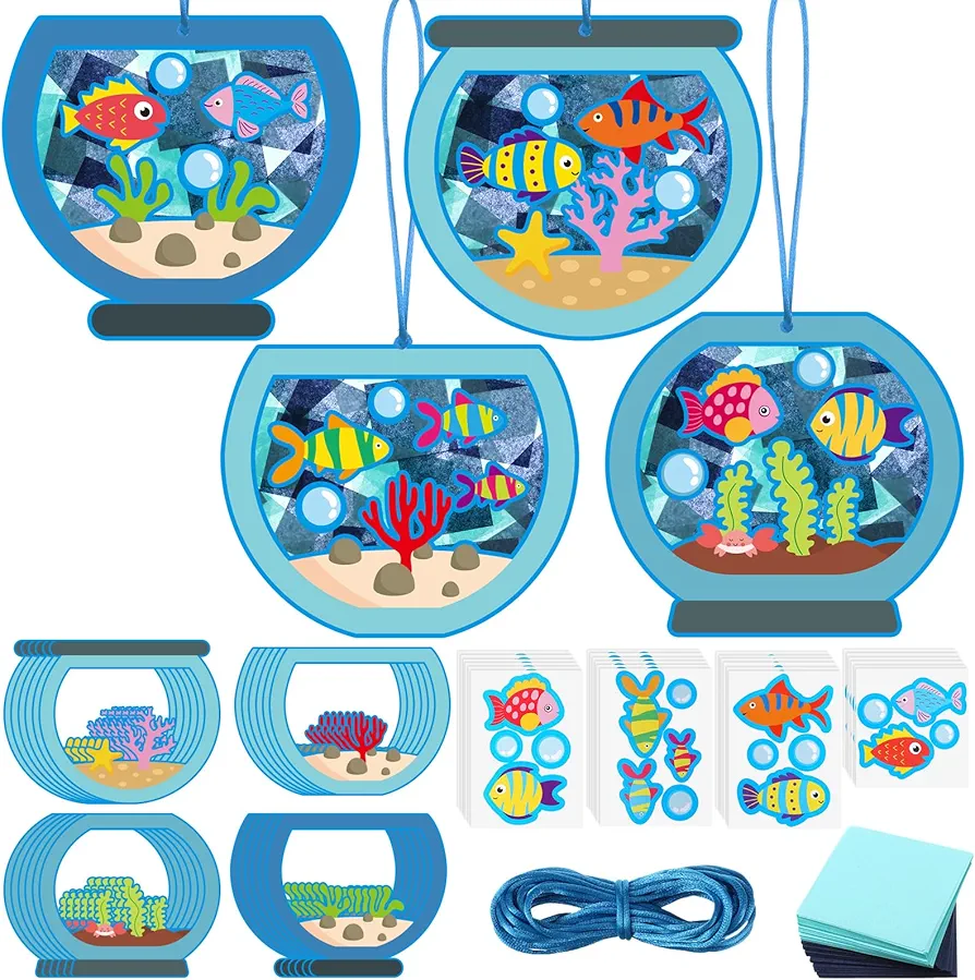 24 Sets Fishbowl Paper Crafts for Kids Summer Fish Tissue Paper Sign Craft Kit Make Your Own Aquarium DIY Paper Craft Art Projects for Kids Fun Classroom Home Activities, 4 Styles