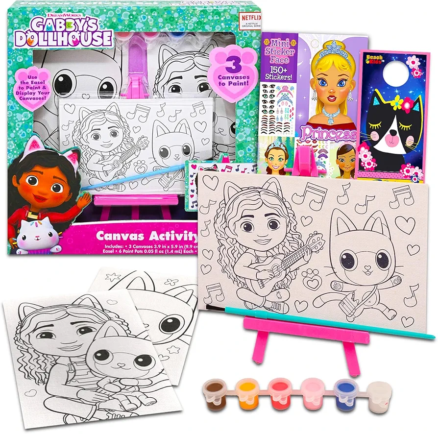 DreamWorks Gabby's Dollhouse Canvas Art Set - Bundle with Gabby's Dollhouse Paint Canvas Set Plus Sticker Activity Book, More | Gabby's Dollhouse Arts and Crafts for Girls