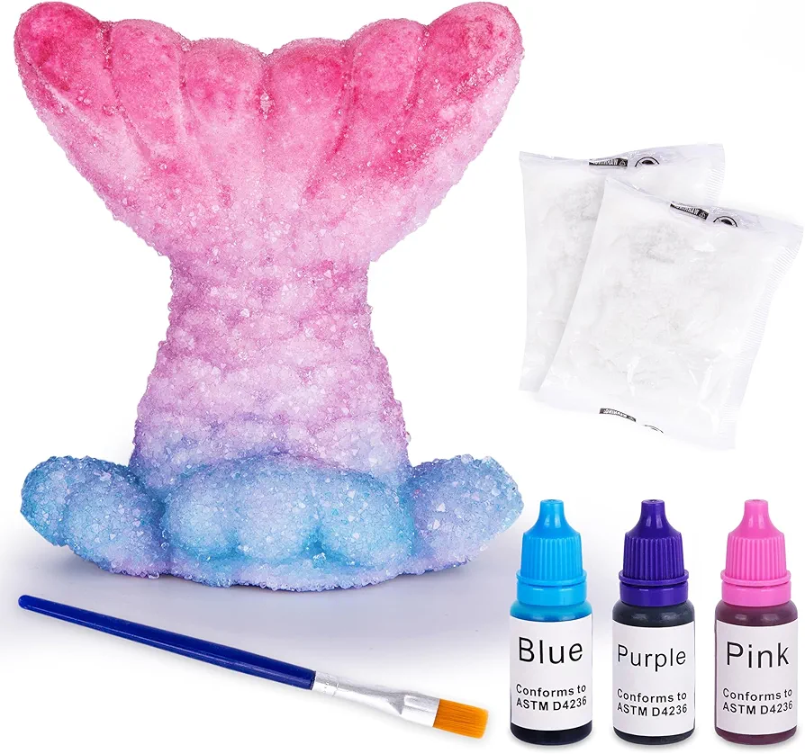 Mermaid Crystal Growing Craft Kit for Girls - Crystal Growing Craft Kit with Tail, Crystal Powder, Submerging Cup, 3 Bottles of Dye, Paintbrush, and Paint Tray - Arts and Crafts for Girls 6 7 8