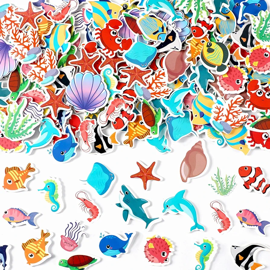 JULBEAR 300 Pieces Ocean Sea Animal Foam Stickers Bulk Self-Adhesive Tropical Fish Sea Creature Stickers Sea Turtles for Arts Crafts Ocean Theme Party Favors Decoration Home DIY Supplies