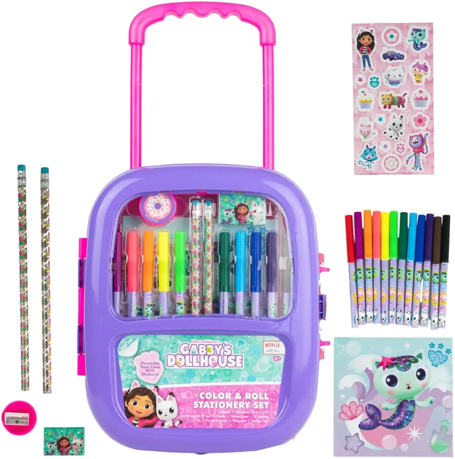 Innovative Designs Gabby’s Dollhouse Color and Roll Activity Set with Carrying Case, Stickers, & Art Supplies