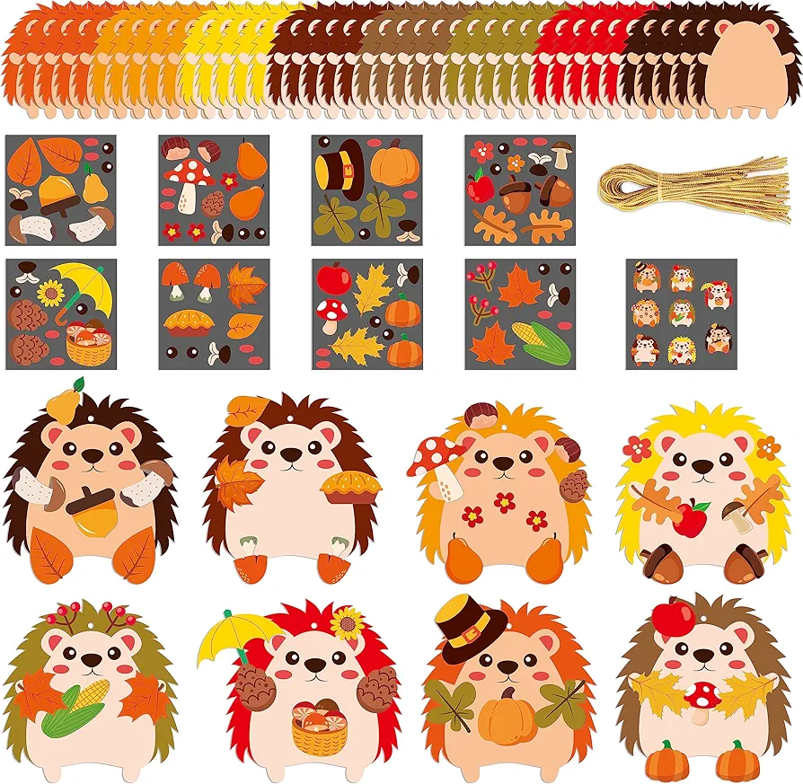 3sscha 123Pcs Fall Hedgehog Craft Kit for Kindergarten Kids Make Your Own Hedgehog Set DIY Self-Adhesive Sticker Handmade Artwork Project Classroom Home Activity Thanksgiving Autumn Party Favor Decor