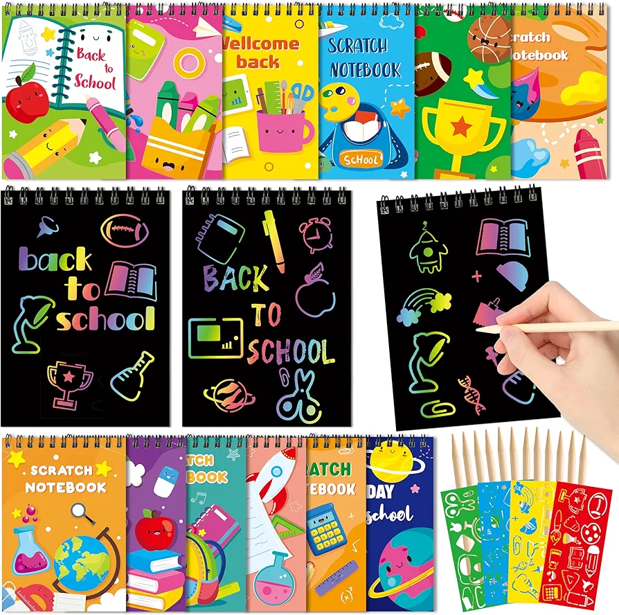 BeYumi 72Pcs Welcome Back to School Scratch Notebooks Craft Kit Mini Scratch Arts Notebooks Coloring Books DIY Magic Scratch Note Pads First Day of School Party Favors School Classroom Activity Kids
