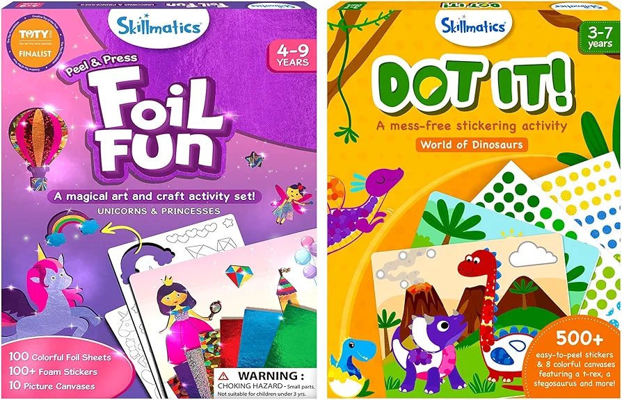 Skillmatics Foil Fun Unicorns & princesses & Dot it Dinosaurs Bundle, Art for Kids, Craft Kits, DIY Activity, Gifts for Boys & Girls Ages 3, 4, 5, 6, 7, 8, 9