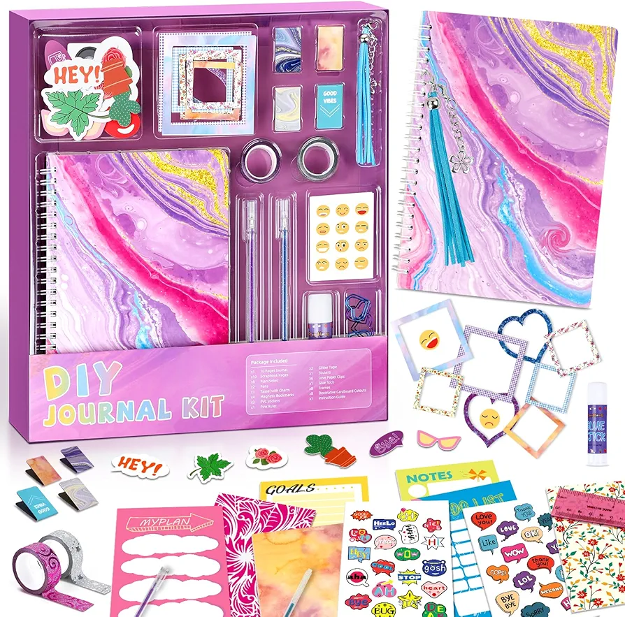 PERRYHOME DIY Journal Kit, 50+pcs Journal Set for Teenage Girls and Scrapbook & Diary Supplies Set, Journaling Art Crafts Kit Teen Girl Birthday Gifts Ideas for 8-14 Years and Up - Purple