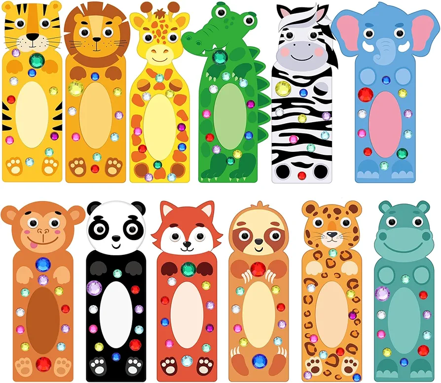 36 Set Jungle Animal Craft Kits DIY Jungle Safari Wild Bookmark Decoration Art Set Tiger Lion Zebra Monkey Stickers with Diamond Sticker for DIY Activities Rewards Party Favors