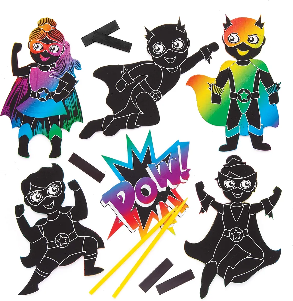 Baker Ross AW548 Hero Scratch Art Fridge Magents - Pack of 10, Rainbow Scratch Paper with Stylus for Kids to Decorate in Arts and Crafts Activities