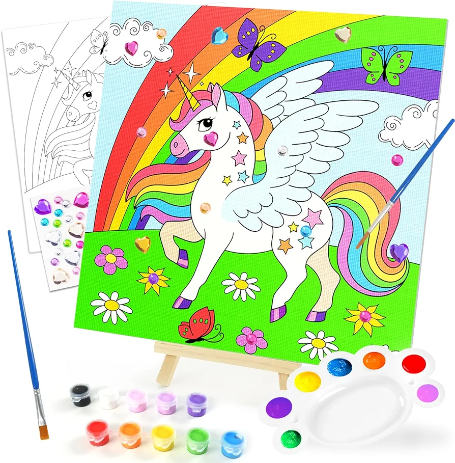 ZMLM Paint Set for Kids, Unicorn Acrylic Pre-Drawn Painting Canvas, 10 x 10 Inches Drawn Canvas Set with Diamond Stickers, Arts and Crafts for Kids Ages 4 5 6 7 8 Years Old, Birthday