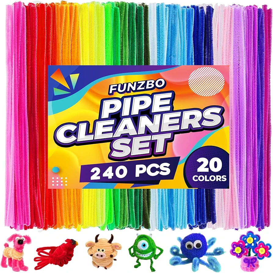 FUNZBO 240pcs 20 Colors Pipe Cleaners Craft Supplies - Arts and Crafts, Chenille Stems Creative DIY Arts, Crafts for Kids, Girls and Boys, Gifts for Kids age 4+ (6mm x 12in)