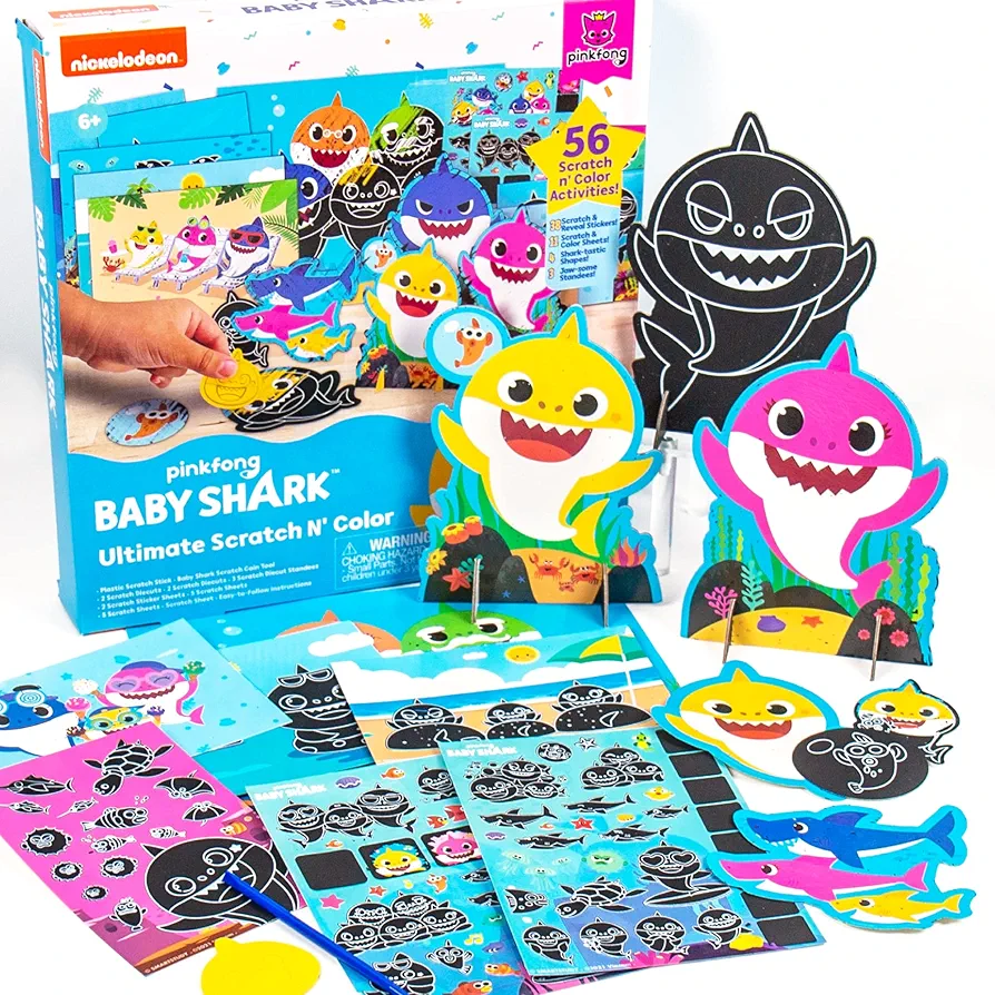 Baby Shark Ultimate Scratch ‘N Color Set by Horizon Group USA, 56 Scratch Art Activities, Including Stickers, 3D Shapes & More, Scratch Art for Kids