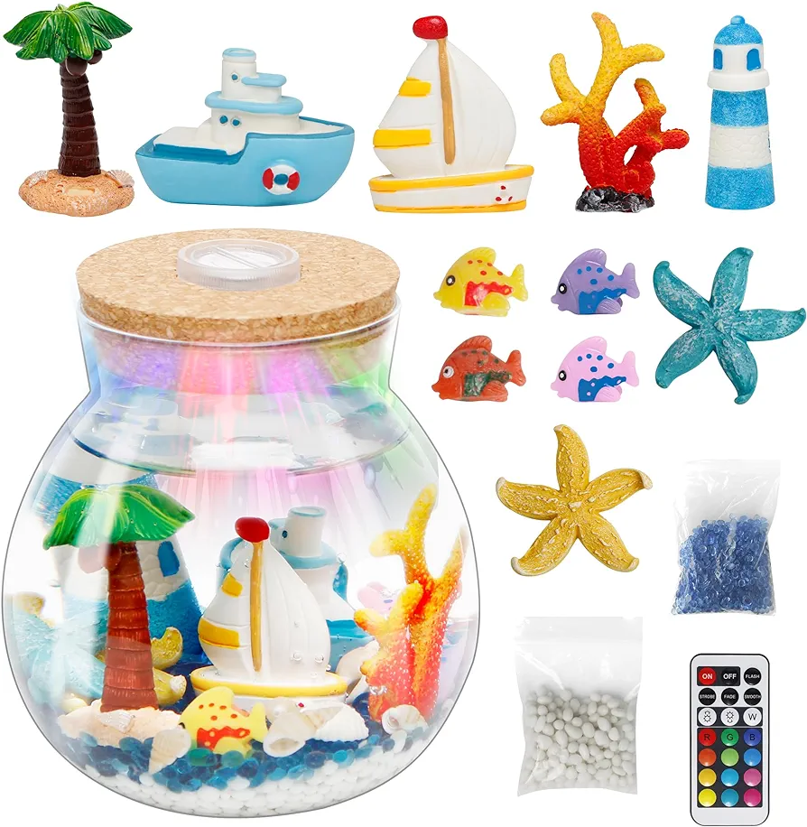Arts&Crafts Light Up Ocean Terrarium DIY Toy Kit for Kids,Great STEM Christmas&Birthday Gift for Little Girls&Boys Age 8+ Year Old,Make Your Own Night Light,Decoration Bottles with LED