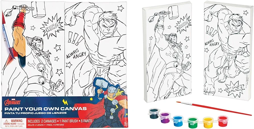 Marvel Avengers Color Your Own Canvas- 2 Canvases (8" x 4" ), 1 Brush, 6 Vivid Paints - Perfect Creative Gift for Kids & Fans - 1 Set