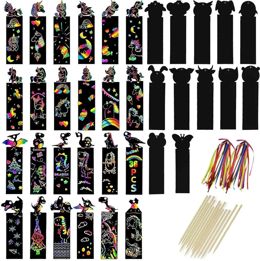 Scratch Paper Art Set for Kids 36PCS Scratch Paper Bookmarks Magic Scratch Bookmarks for Crafts Gift Christmas Supplies Rainbow Scratch Diy Craft Kit for Birthday Party Classroom Scratch Art Bookmarks