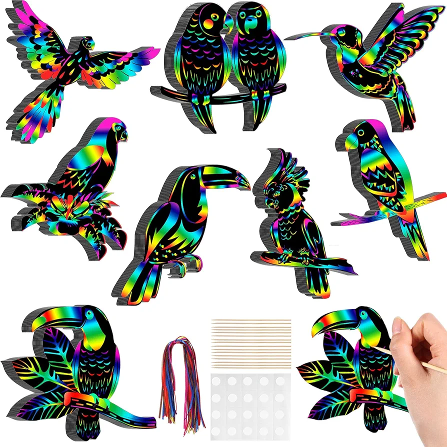 Motionchic 80 Pieces Tropical Birds Scratch Cards Rainbow Tropical Party Paper Crafts for Kids with Wooden Stick and Ribbon for Summer Birthday Party Tropical Party Supplies