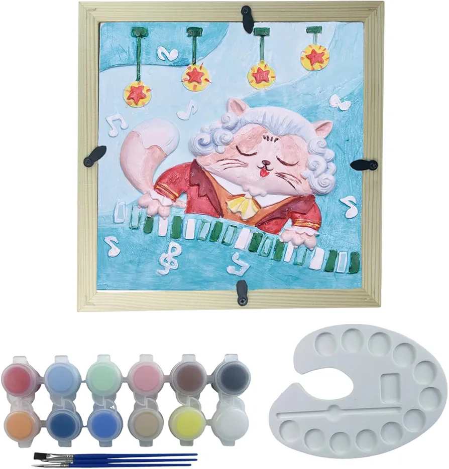 Chccrwhirl Beethoven Cat Plaster Relief Coloring - DIY Painting Kit for Kids, 19 PCS Arts and Crafts Set with Frame and Stand Ceramics to Paint, Creative Activity Toy Gift Boys Girls