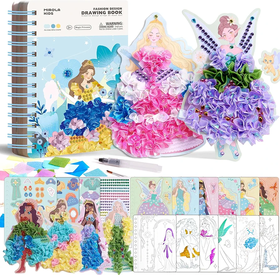 Magic Princess 4 in 1 Fashion Design Drawing Book, Dress-up Activity Book with Watercolor Painting, Stickers, Poking, Diamond, Puzzle Puncture Painting for Kids, Girls' DIY Craft Kit for 3 4 5 6