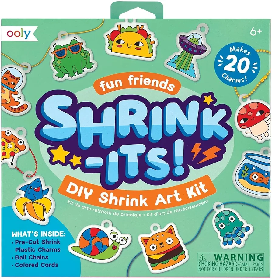 Ooly Shrink-Its! 28 PC DIY Shrinking Art Kit That Creates Charms and Tags, Includes 20 Plastic Pre Cut Charms and More! No Mess Art for Kids, DIY Creative Activity, Ideal Party Favor [Fun Friends]