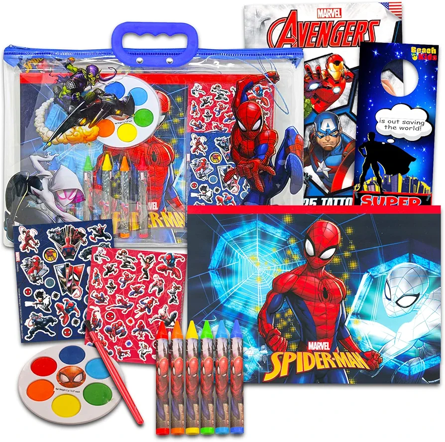 Spiderman Stationery Set for Boys - 3 Pc Bundle with Spiderman Art Set in Bag, Temporary Tattoos, and More | Spiderman Art Kit Tote Bag with Stickers, Coloring Pages, and More