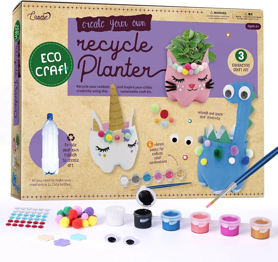 LAOESE DIY Planter Kids Craft - Recycling Craft Projects - Arts and Crafts for Kids Ages 6-8, Christmas Gift for Boys and Girls Ages 6 7 8 9 10, Create Your Own Garden World