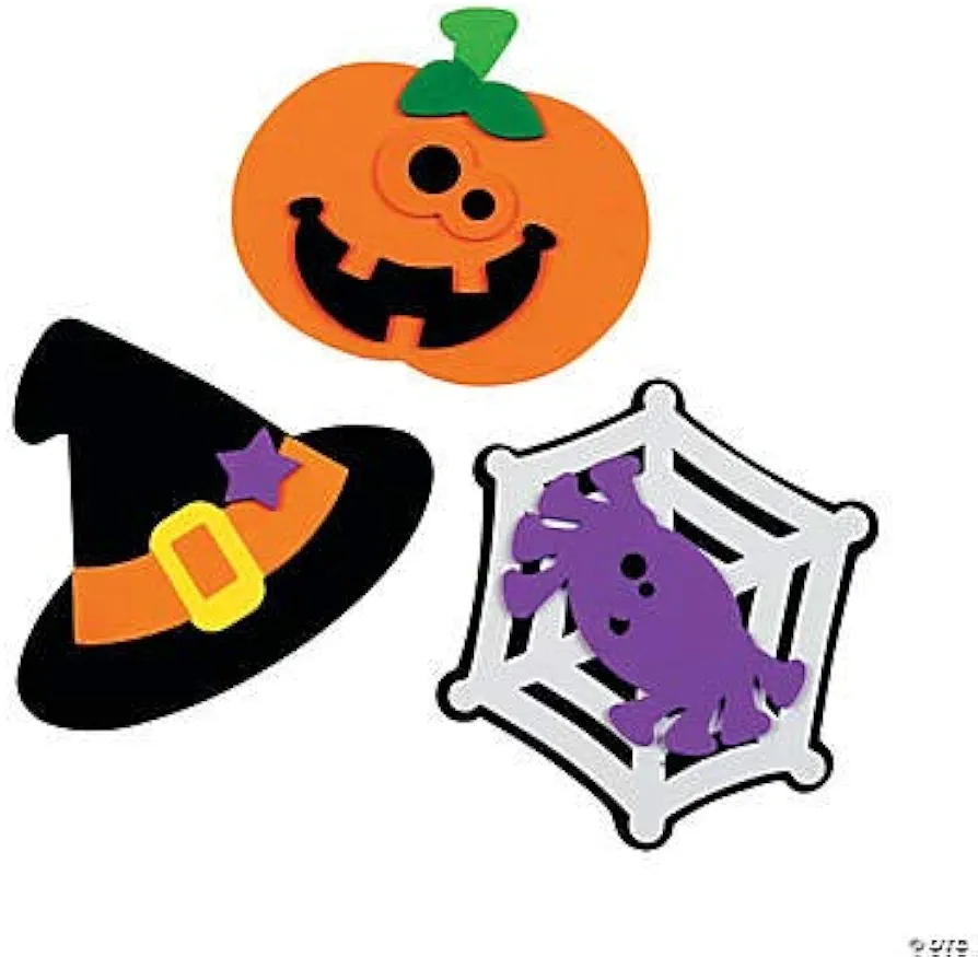 Halloween Friends Foam Magnet Craft kit-12-Crafts for Kids, Party Favors, Prizes-Pumpkin Witch hat Spiderweb